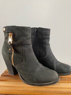 Black Suede Ankle Boots with Gold Zip Accent - Women